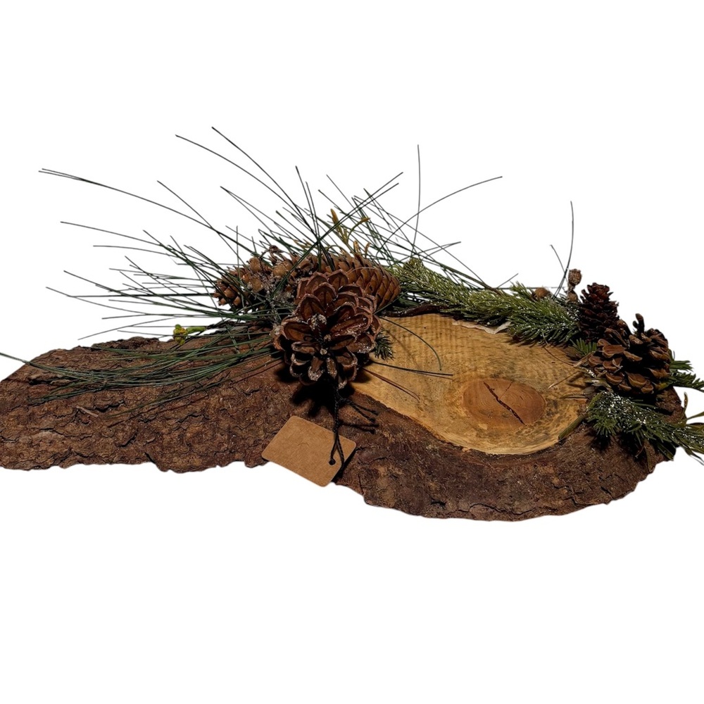Rustic Live Wood Edge Holiday Log Candleholder with Woodsy Greens and Pinecones